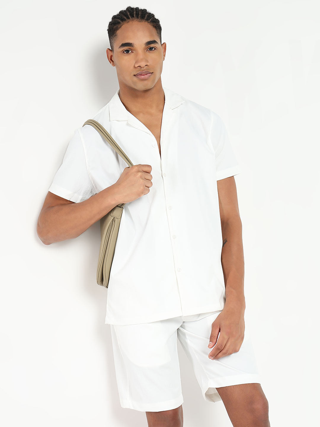 Men White Solid Co Ords Set