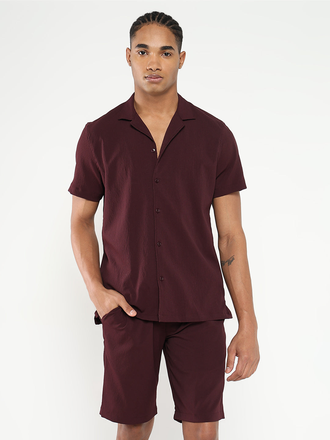 Men Maroon Solid Co Ords Set