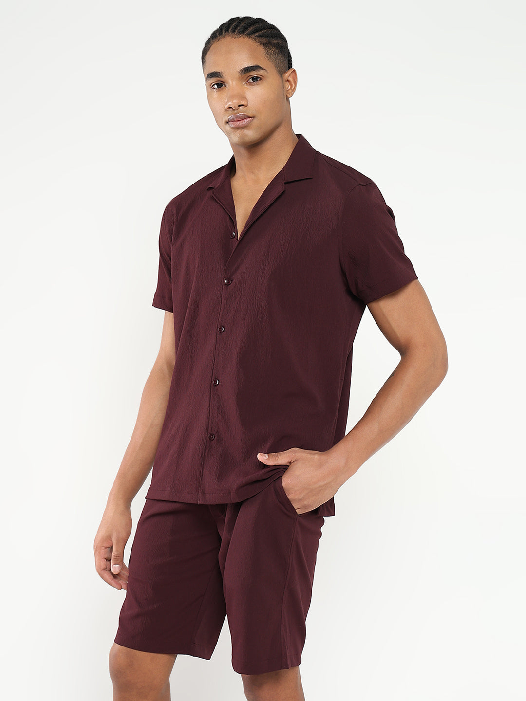 Men Maroon Solid Co Ords Set