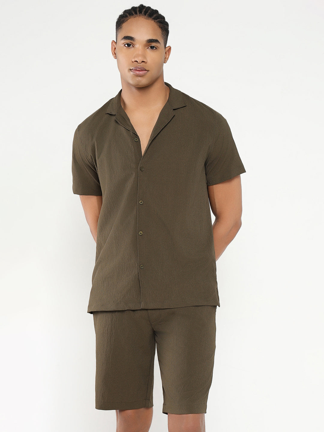 Men Olive Solid Co Ords Set