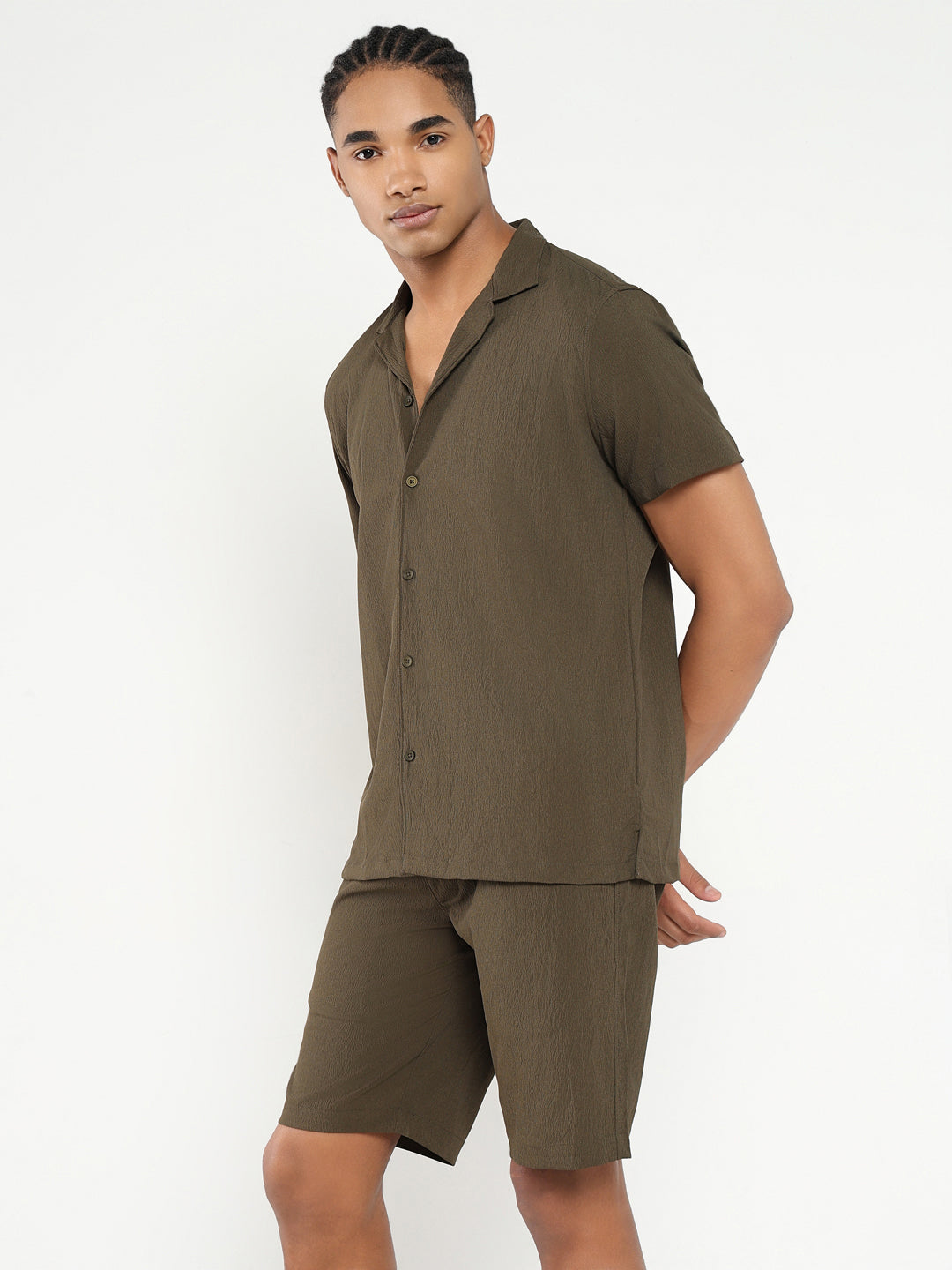 Men Olive Solid Co Ords Set