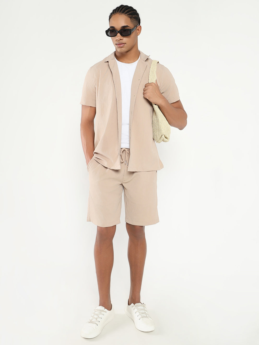 Men Beige Solid Co Ords Set