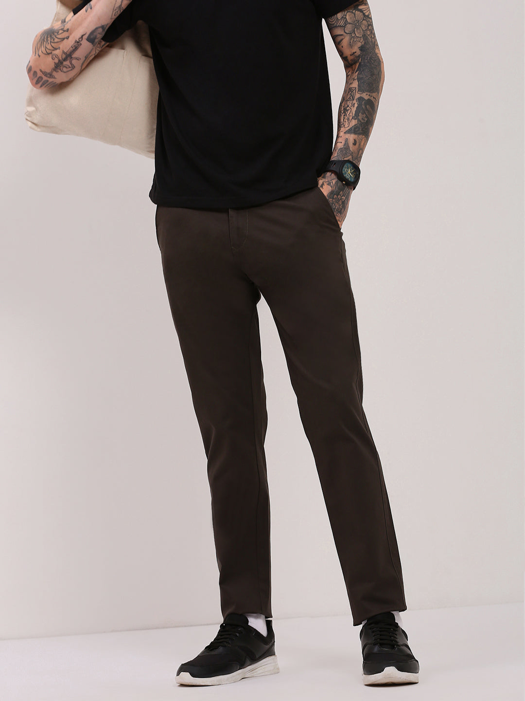 Men Olive Solid Trousers