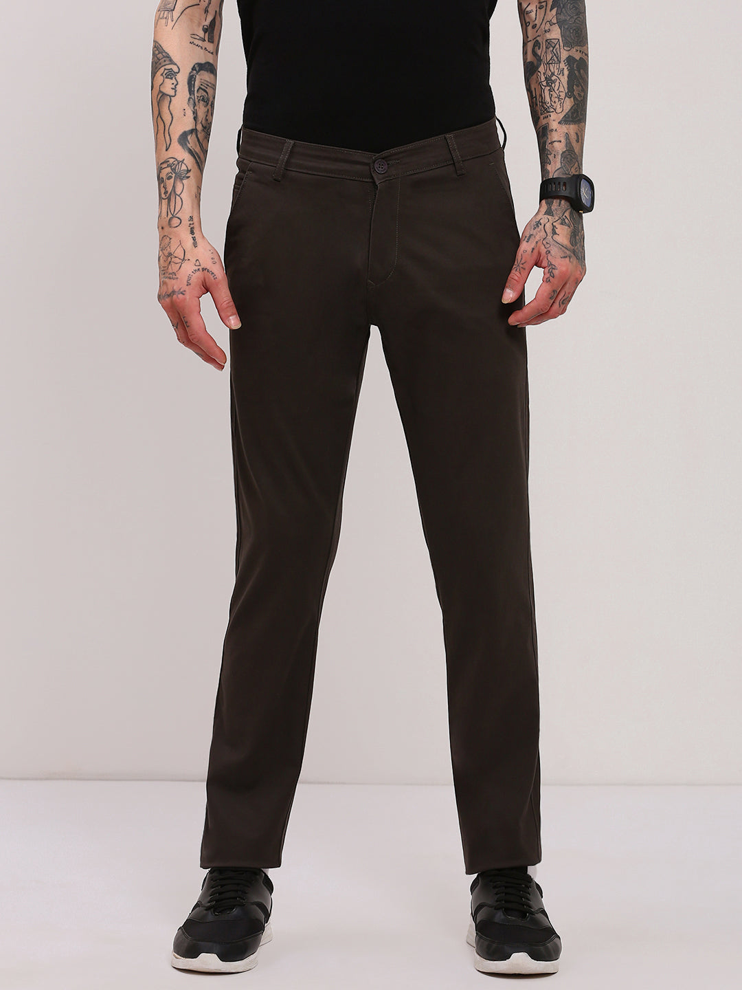 Men Olive Solid Trousers