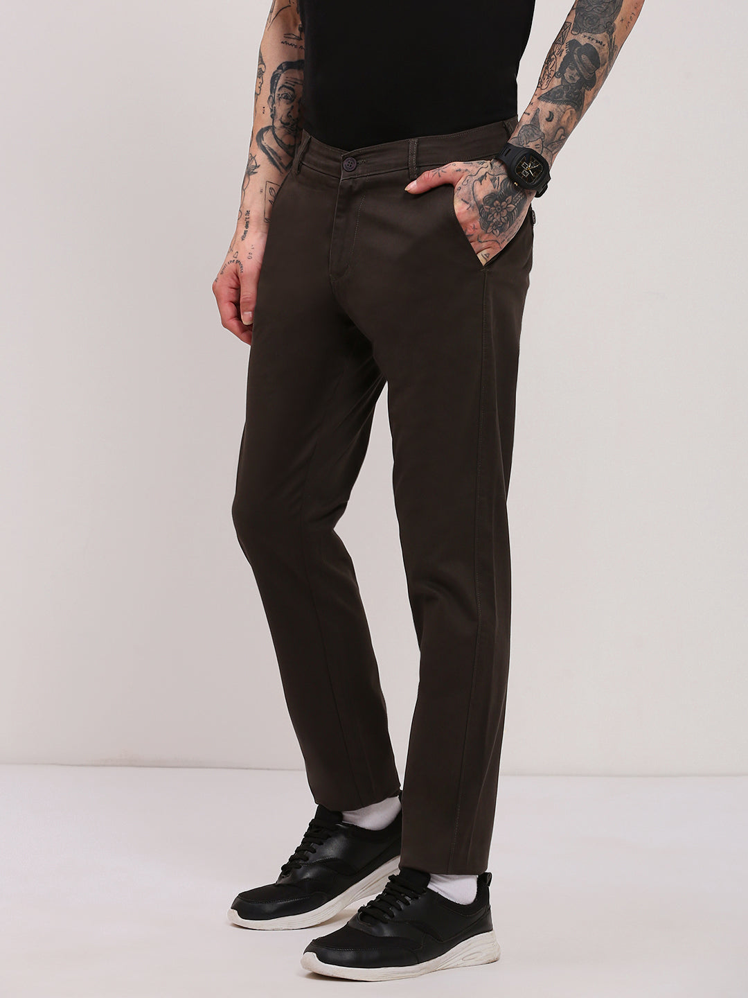 Men Olive Solid Trousers