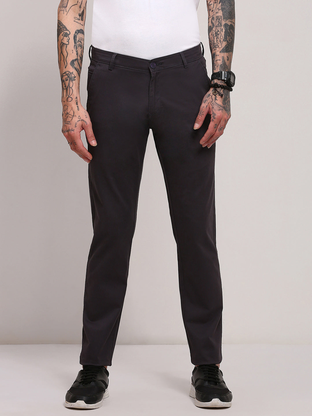 Men Grey Solid Trousers