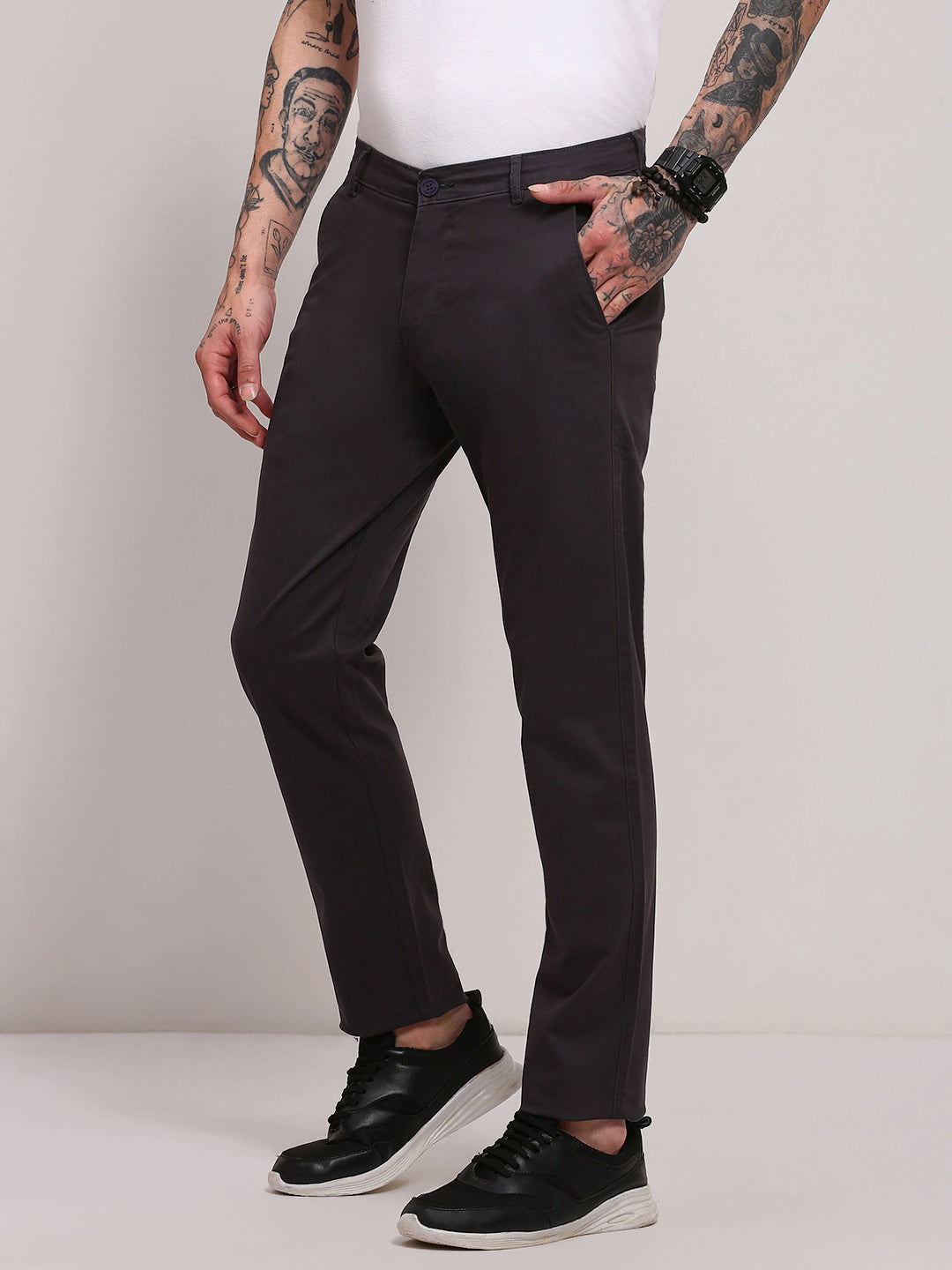 Men Grey Solid Trousers