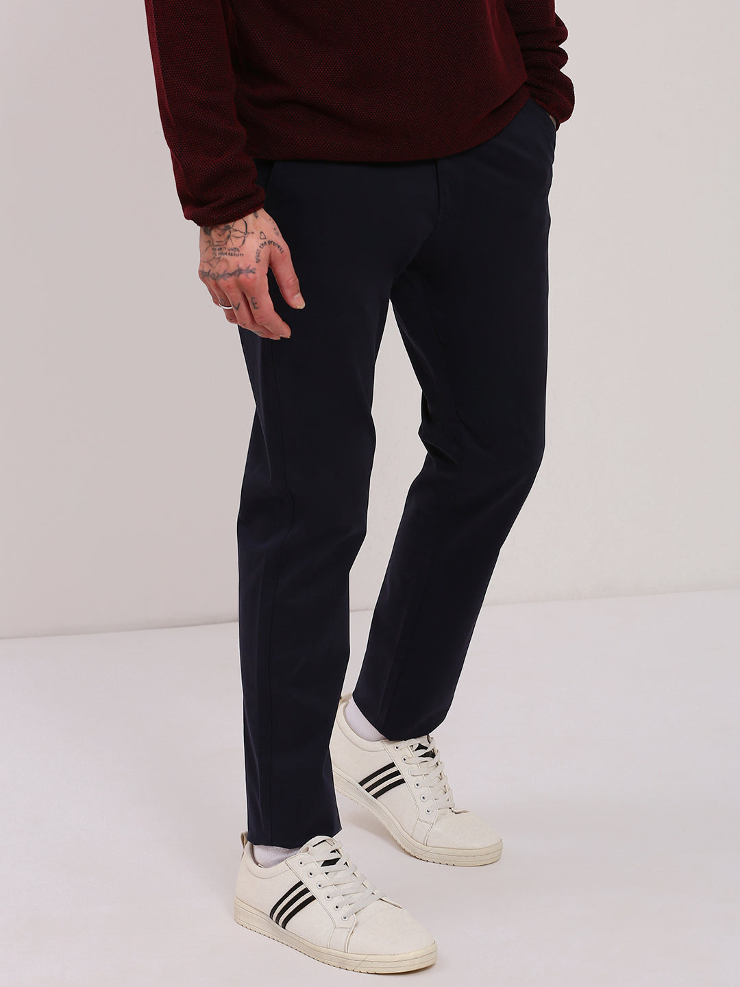 Men Navy Blue Solid Trousers