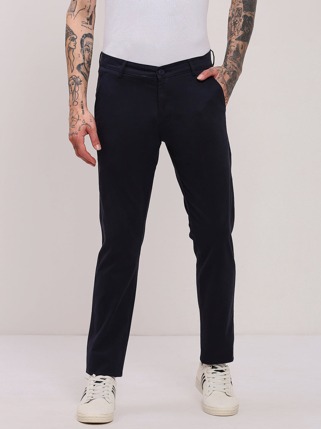 Men Navy Blue Solid Trousers