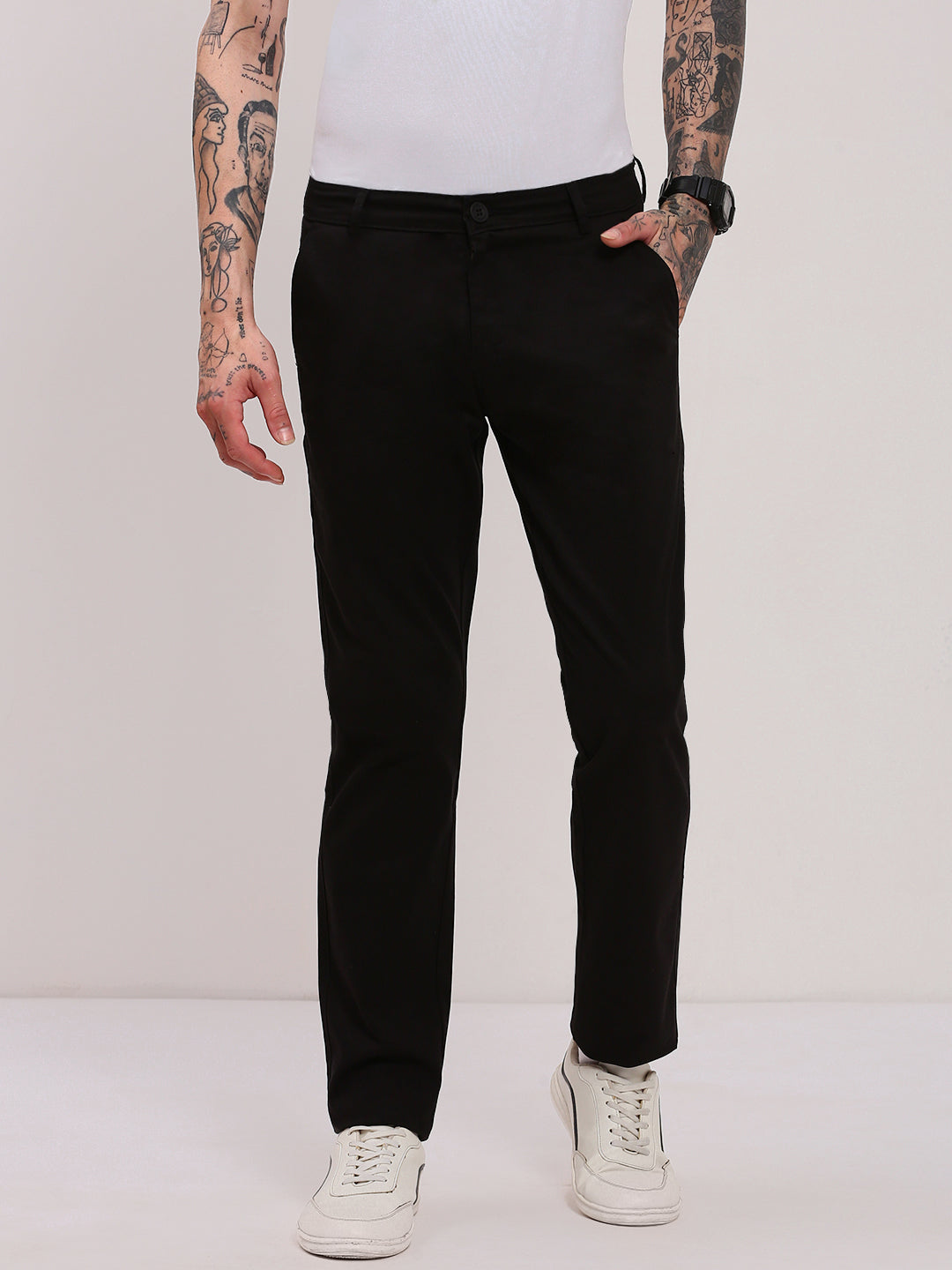 Men Black Solid Trousers