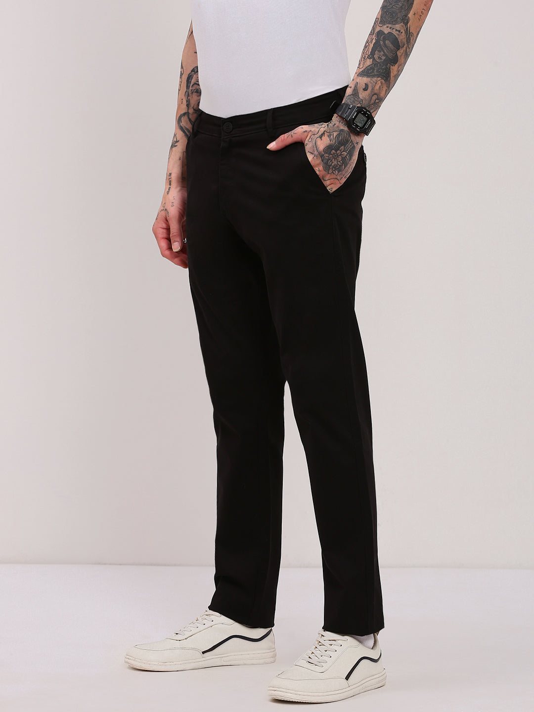 Men Black Solid Trousers