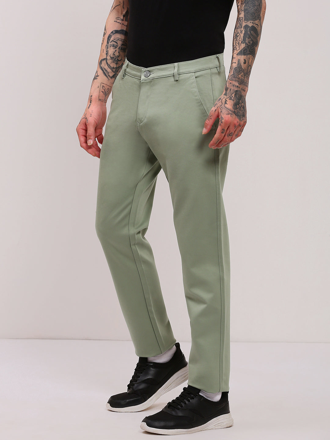 Men Green Solid Trousers