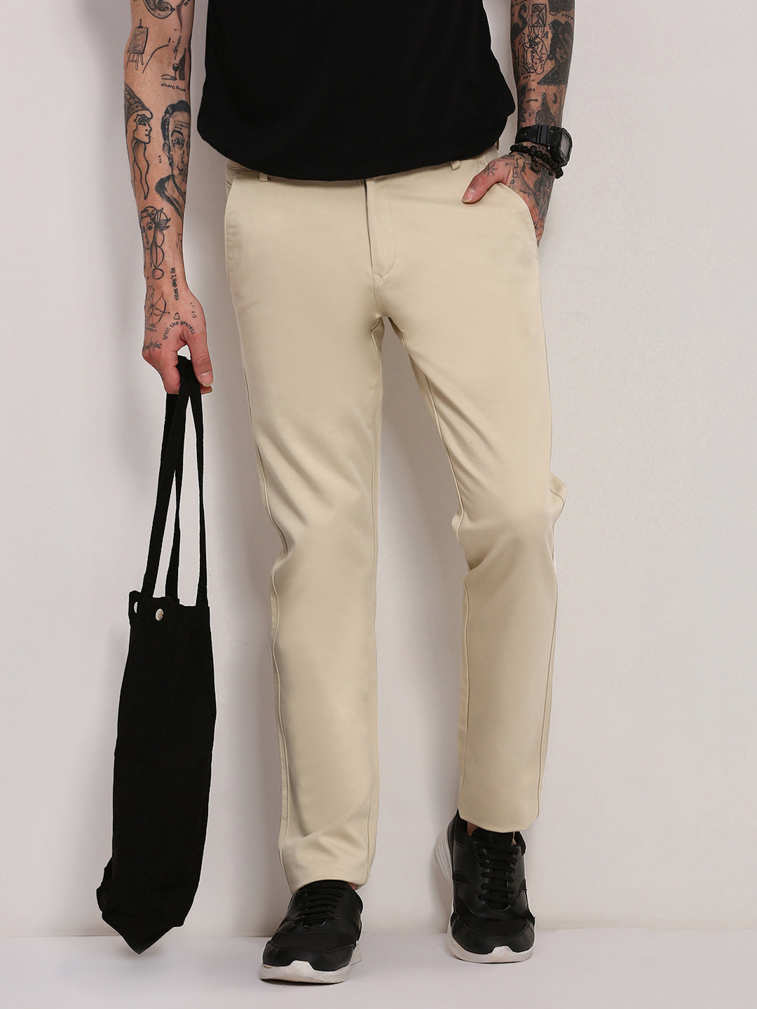 Men Beige Solid Trousers