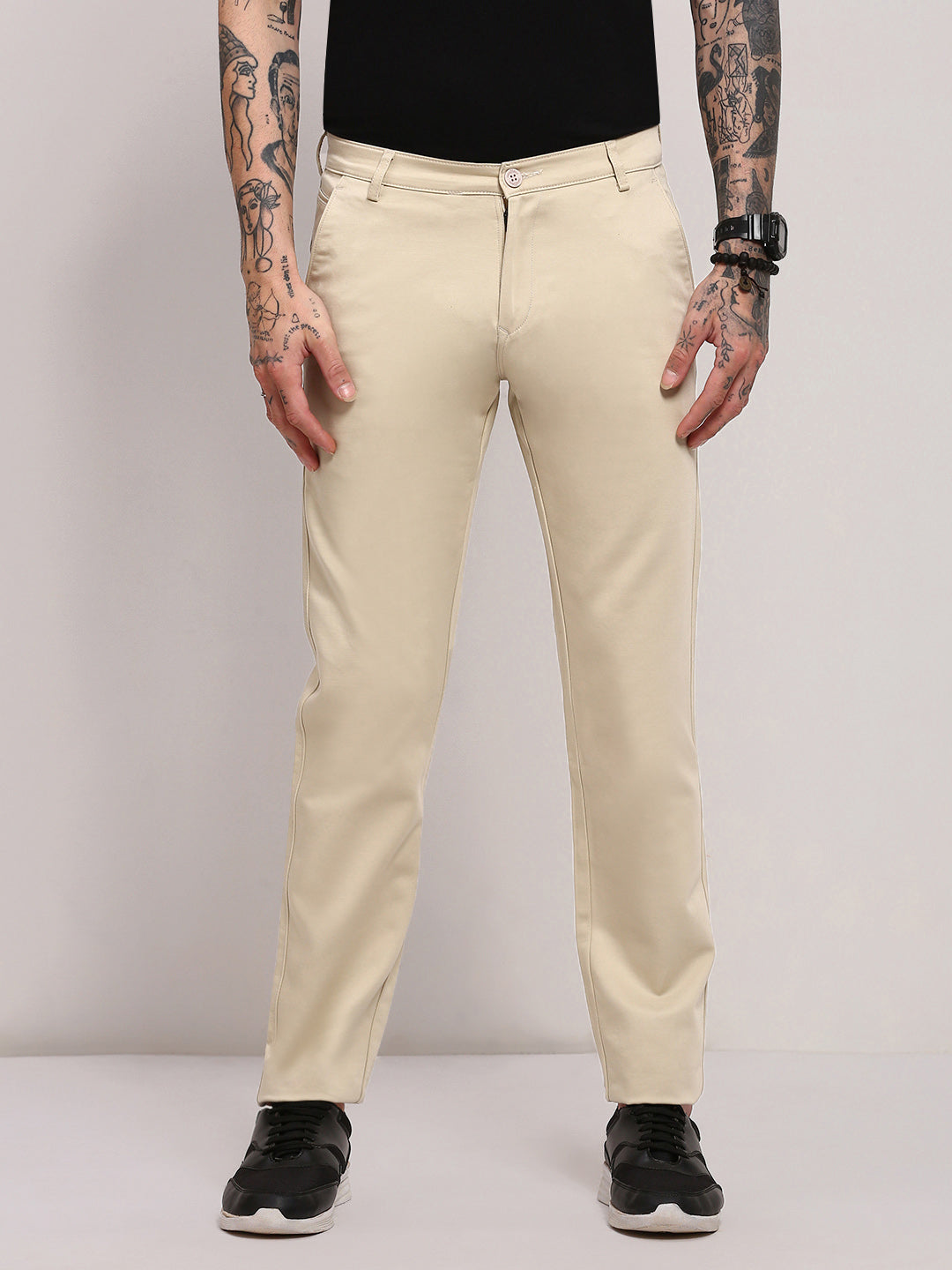 Men Beige Solid Trousers