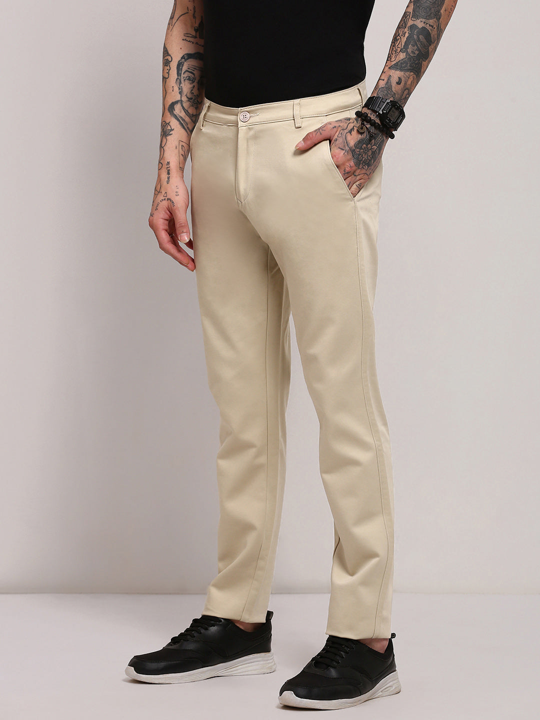 Men Beige Solid Trousers