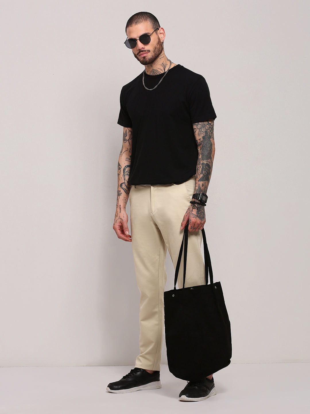 Men Beige Solid Trousers