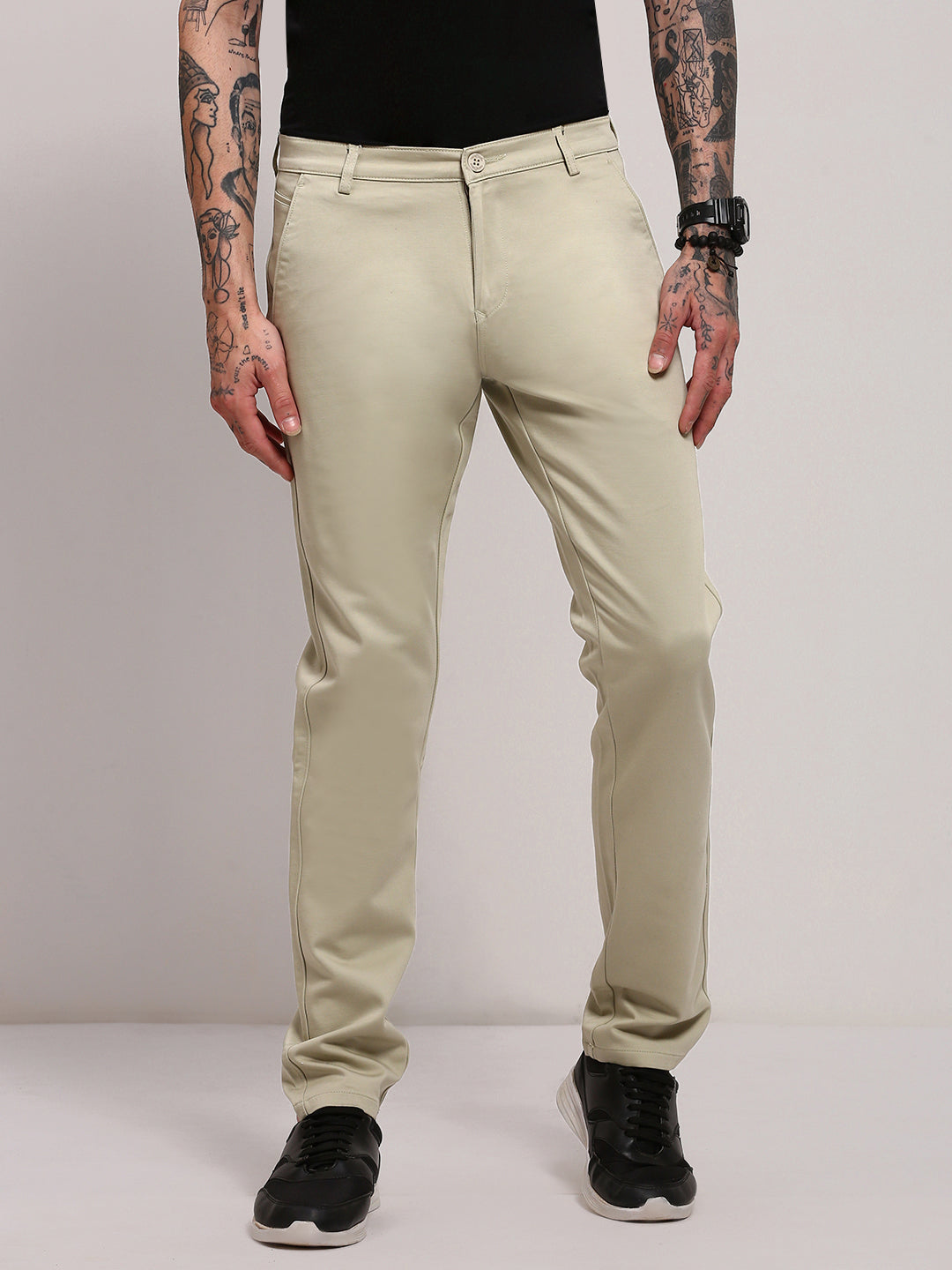 Men Green Solid Trousers