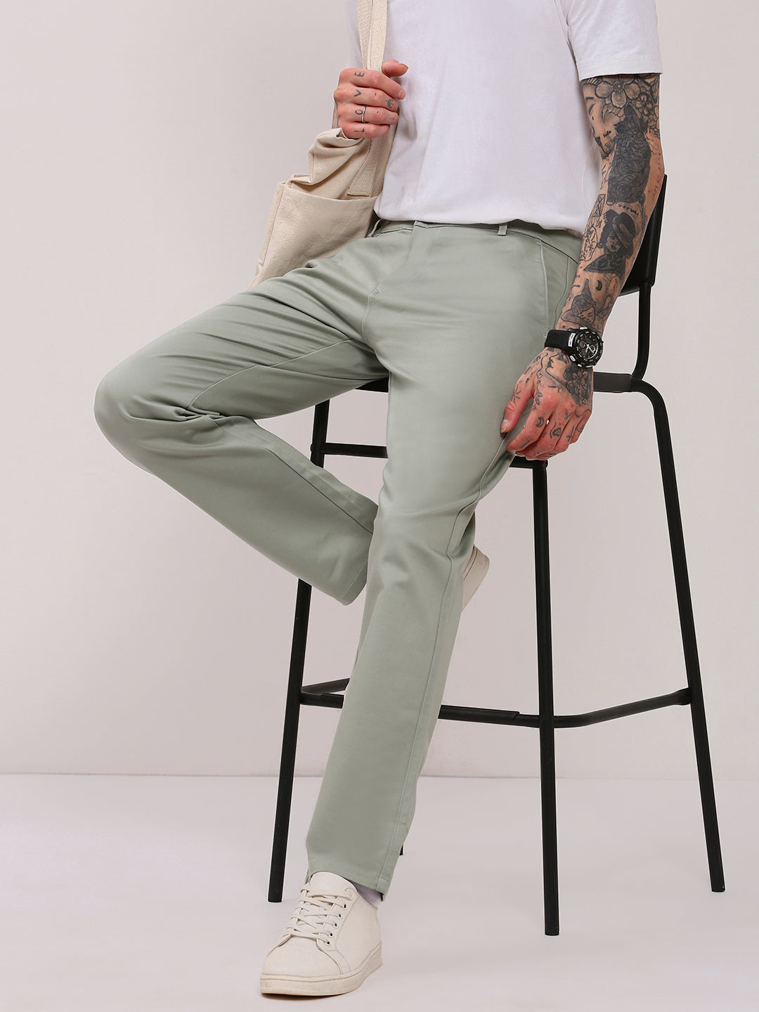 Men Green Solid Trousers