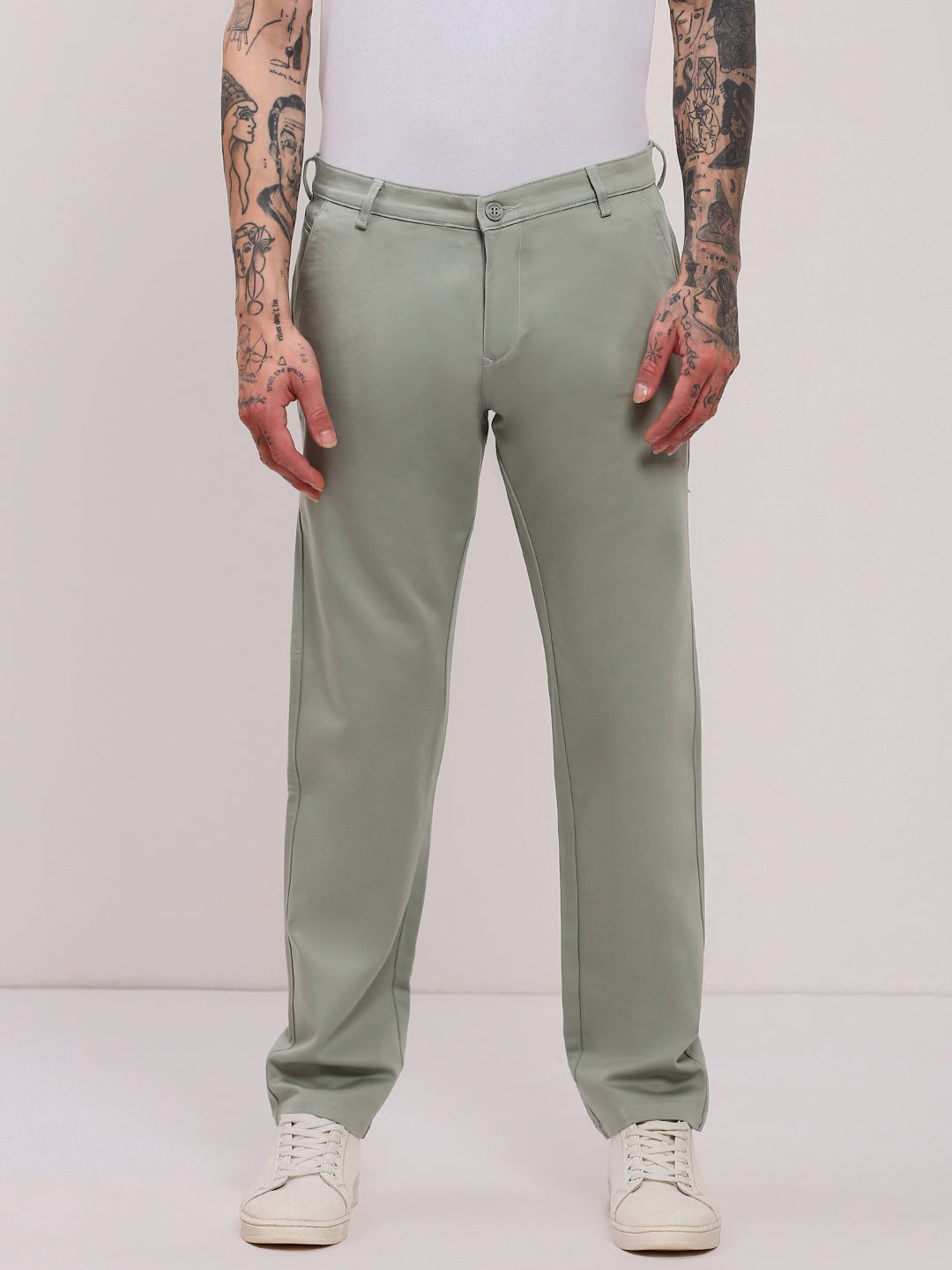 Men Green Solid Trousers