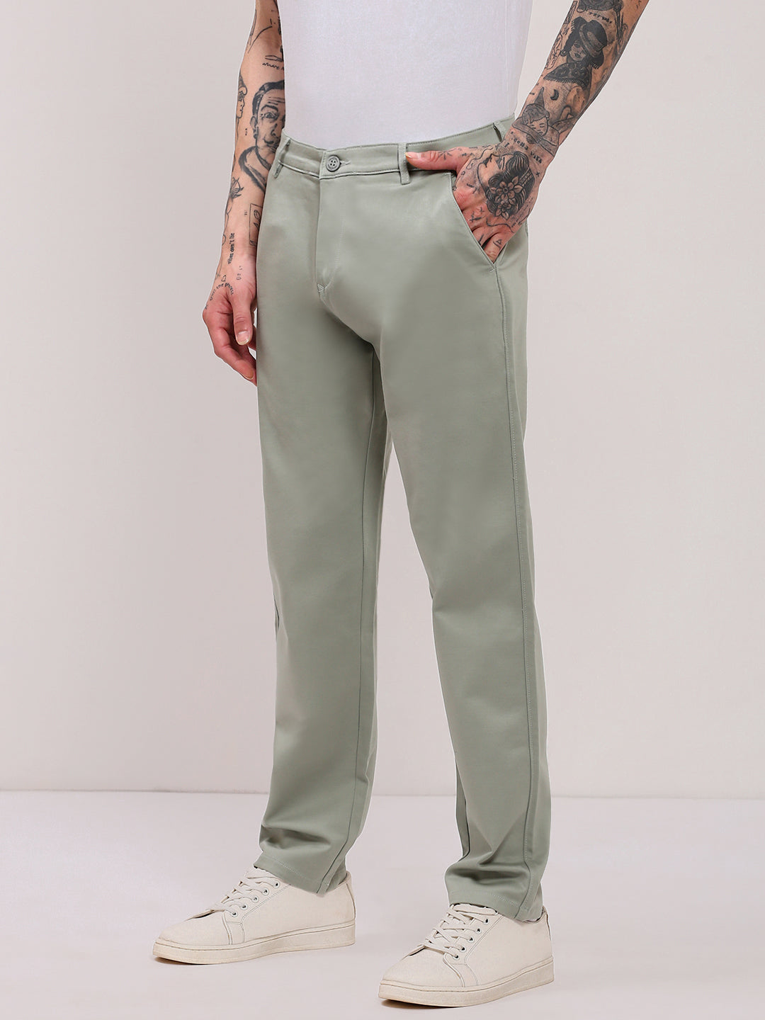 Men Green Solid Trousers