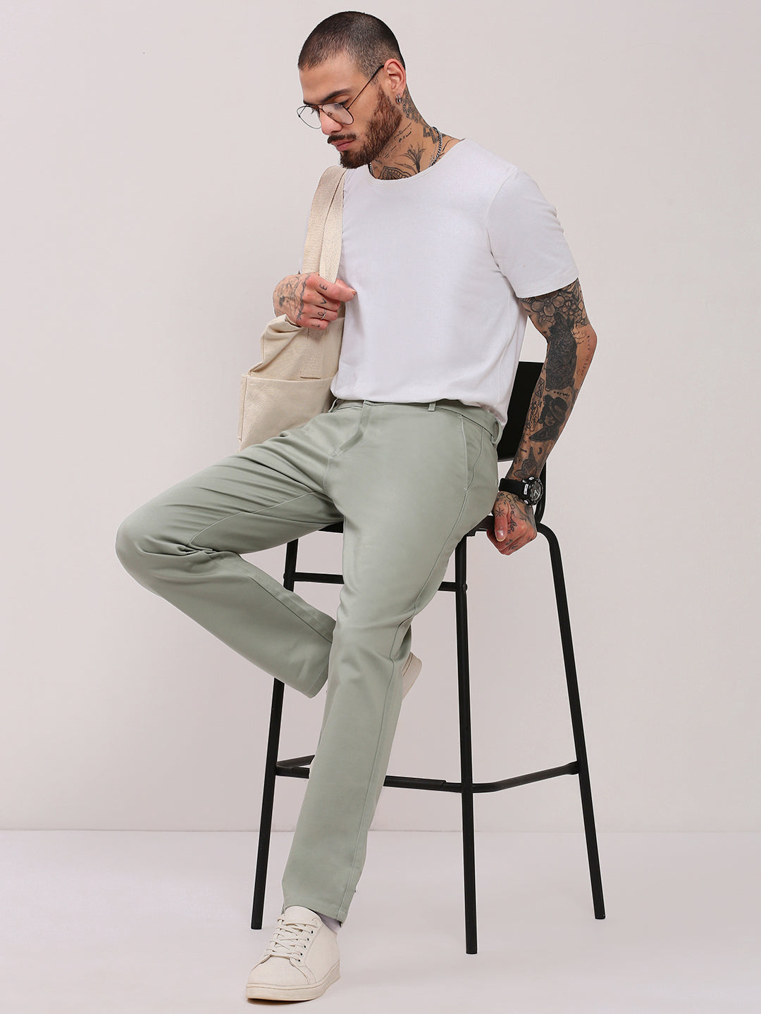 Men Green Solid Trousers