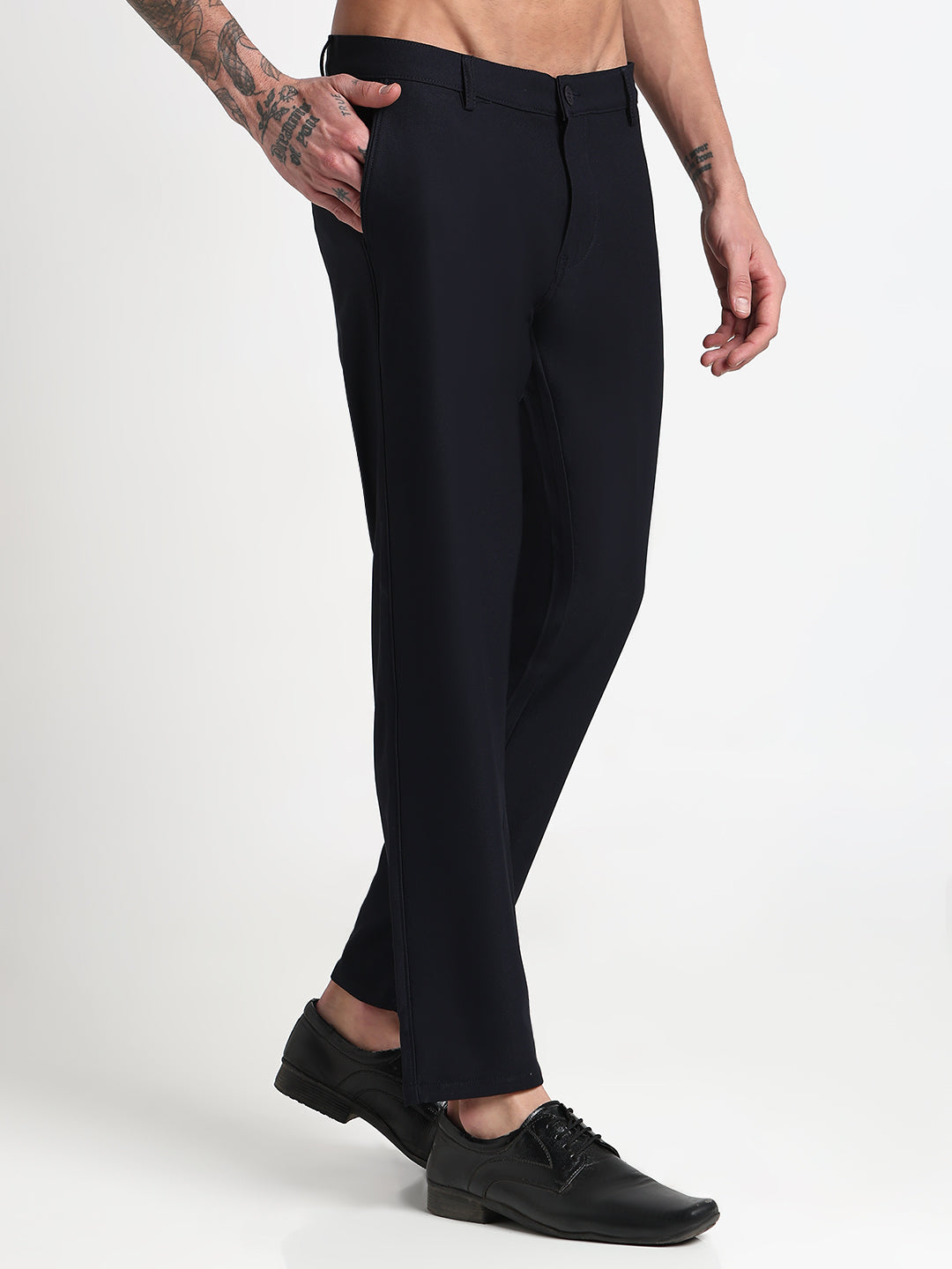 Men's Navy Blue Solid Slim Fit Formal Trousers