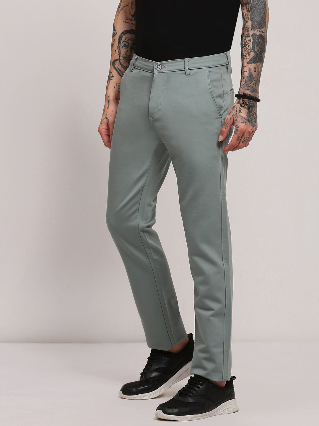 Men Green Solid Trousers