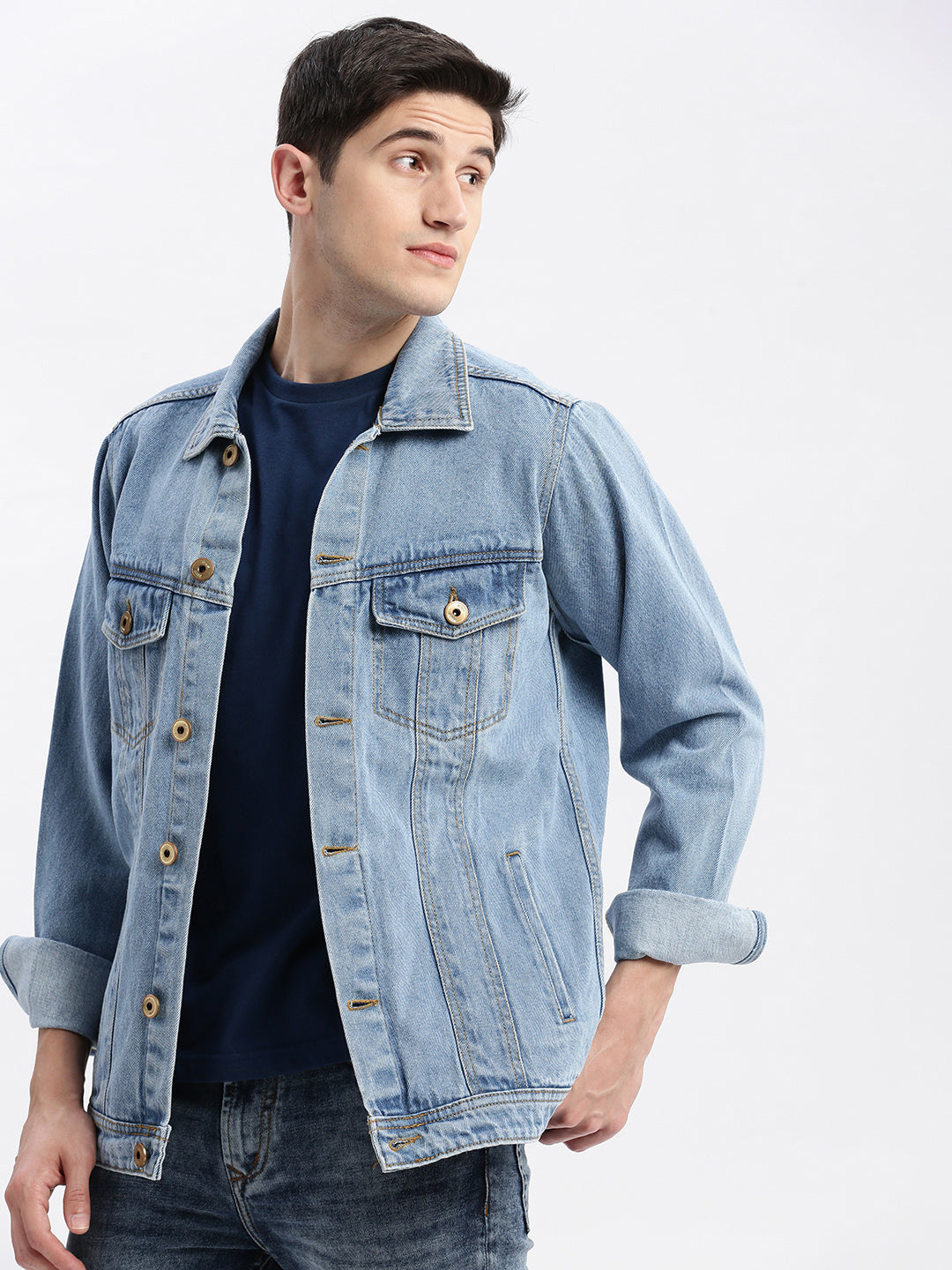 Men Solid Spread Collar Blue Denim Jacket