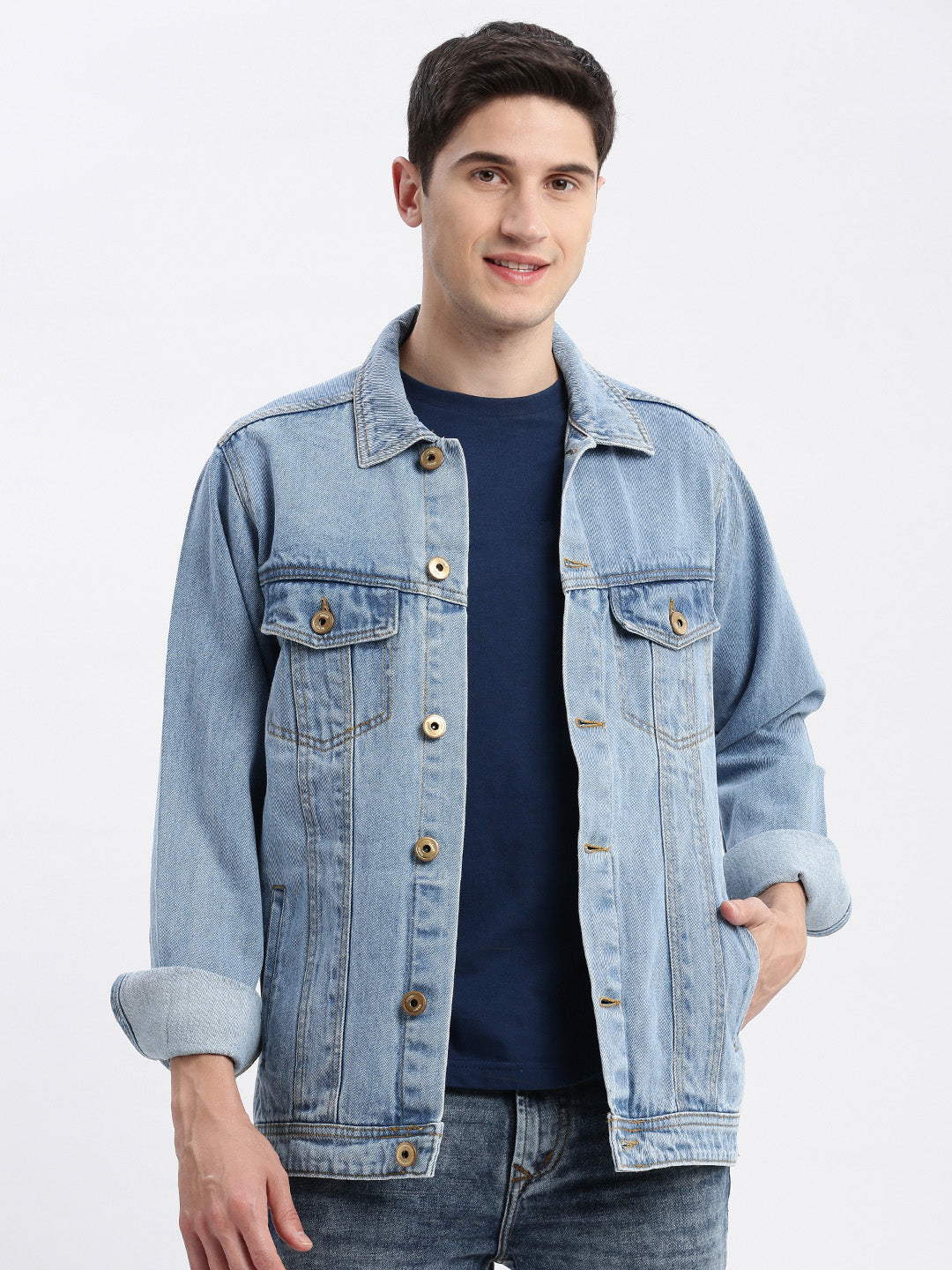 Men Solid Spread Collar Blue Denim Jacket