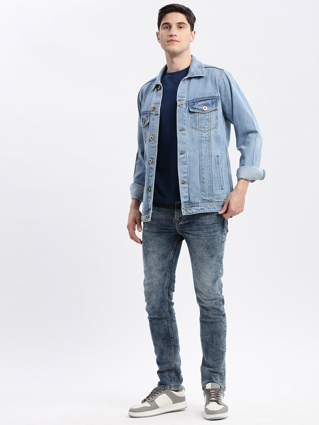 Men Solid Spread Collar Blue Denim Jacket