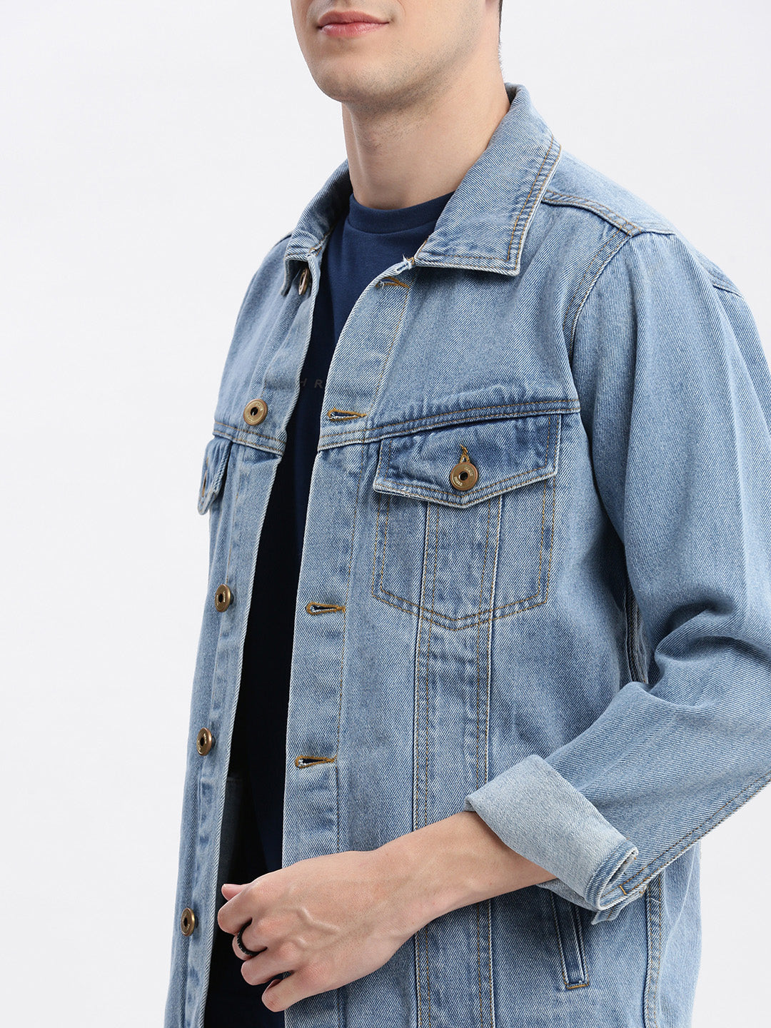 Men Solid Spread Collar Blue Denim Jacket