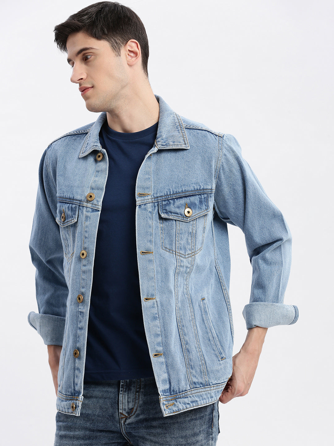 Men Solid Spread Collar Blue Denim Jacket