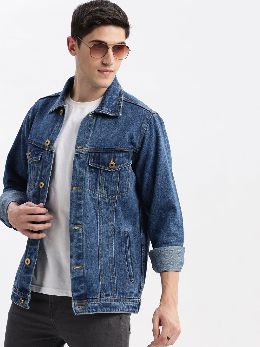 Men Solid Spread Collar Blue Denim Jacket