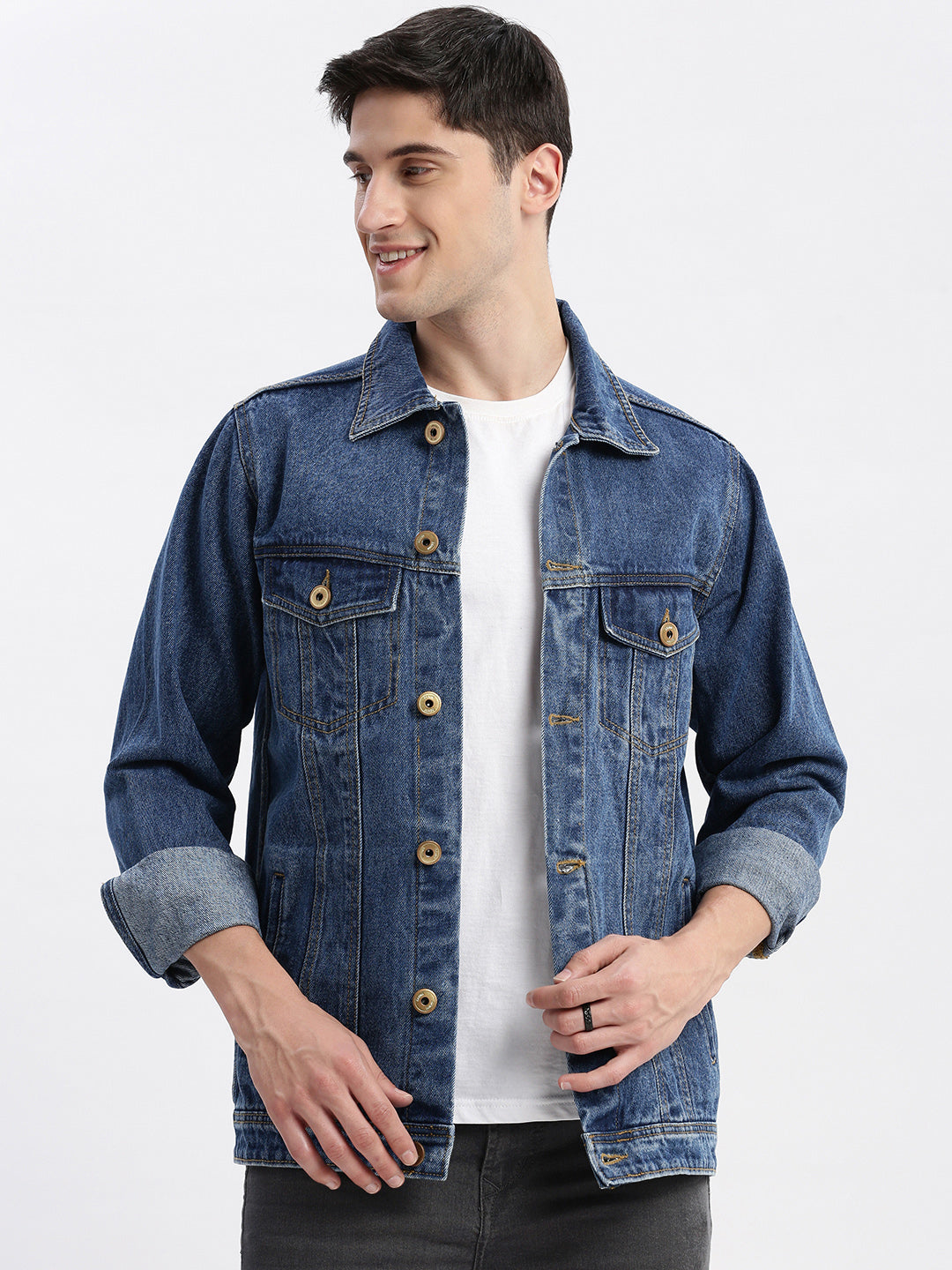 Men Solid Spread Collar Blue Denim Jacket