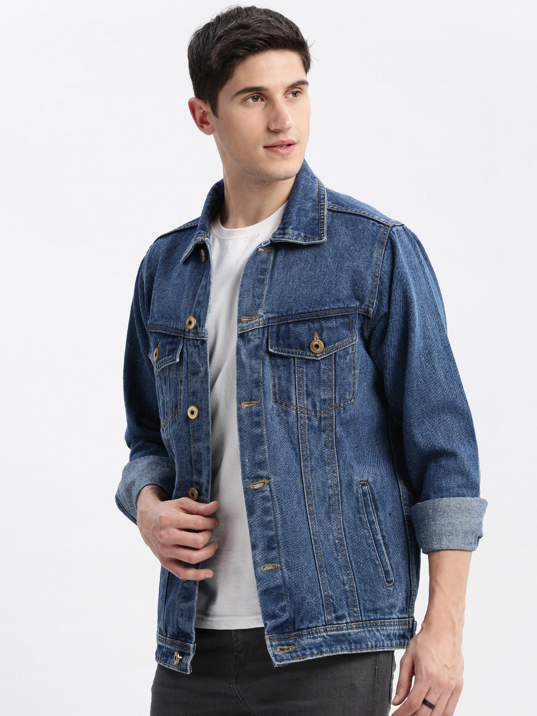 Men Solid Spread Collar Blue Denim Jacket