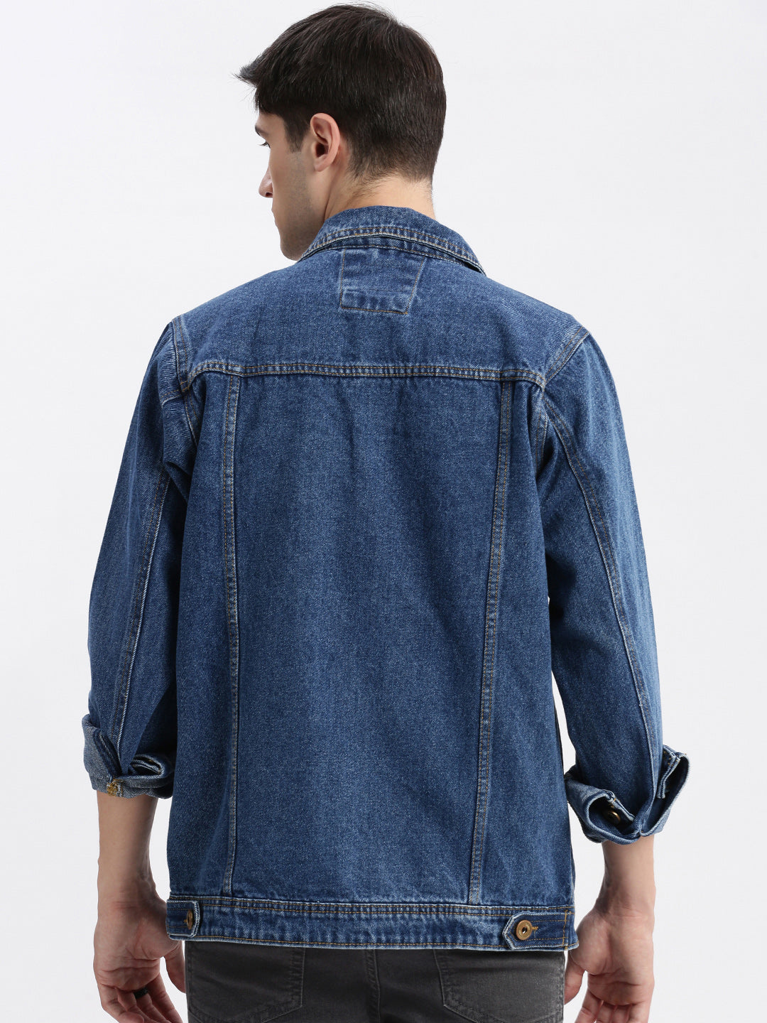 Men Solid Spread Collar Blue Denim Jacket