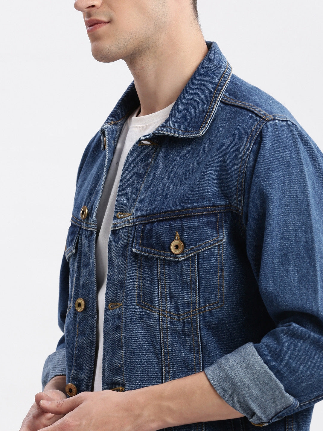 Men Solid Spread Collar Blue Denim Jacket