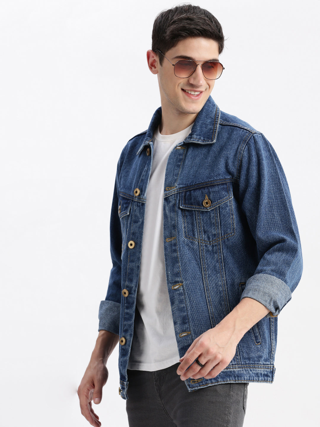 Men Solid Spread Collar Blue Denim Jacket