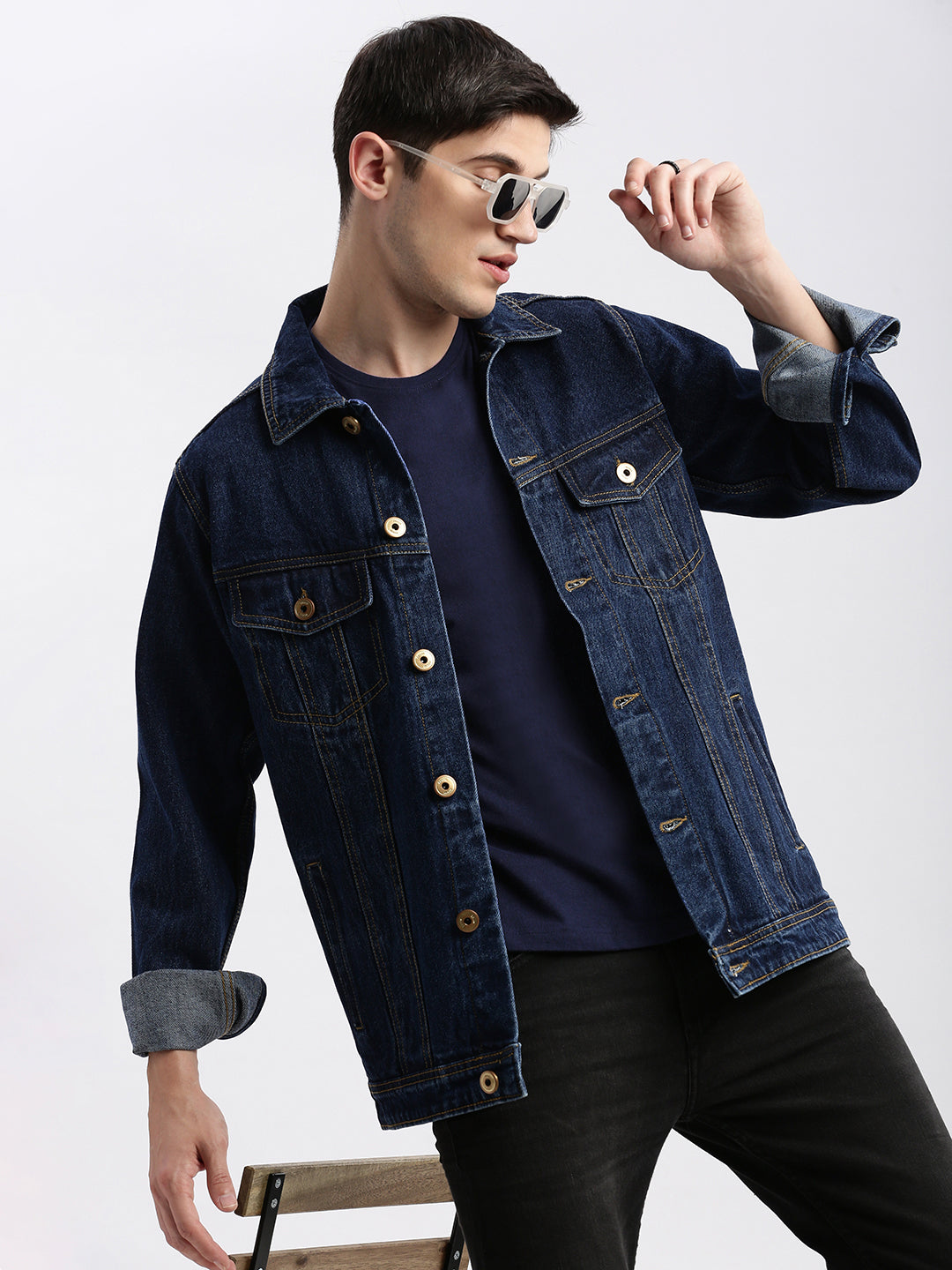 Men Solid Spread Collar Navy Blue Denim Jacket