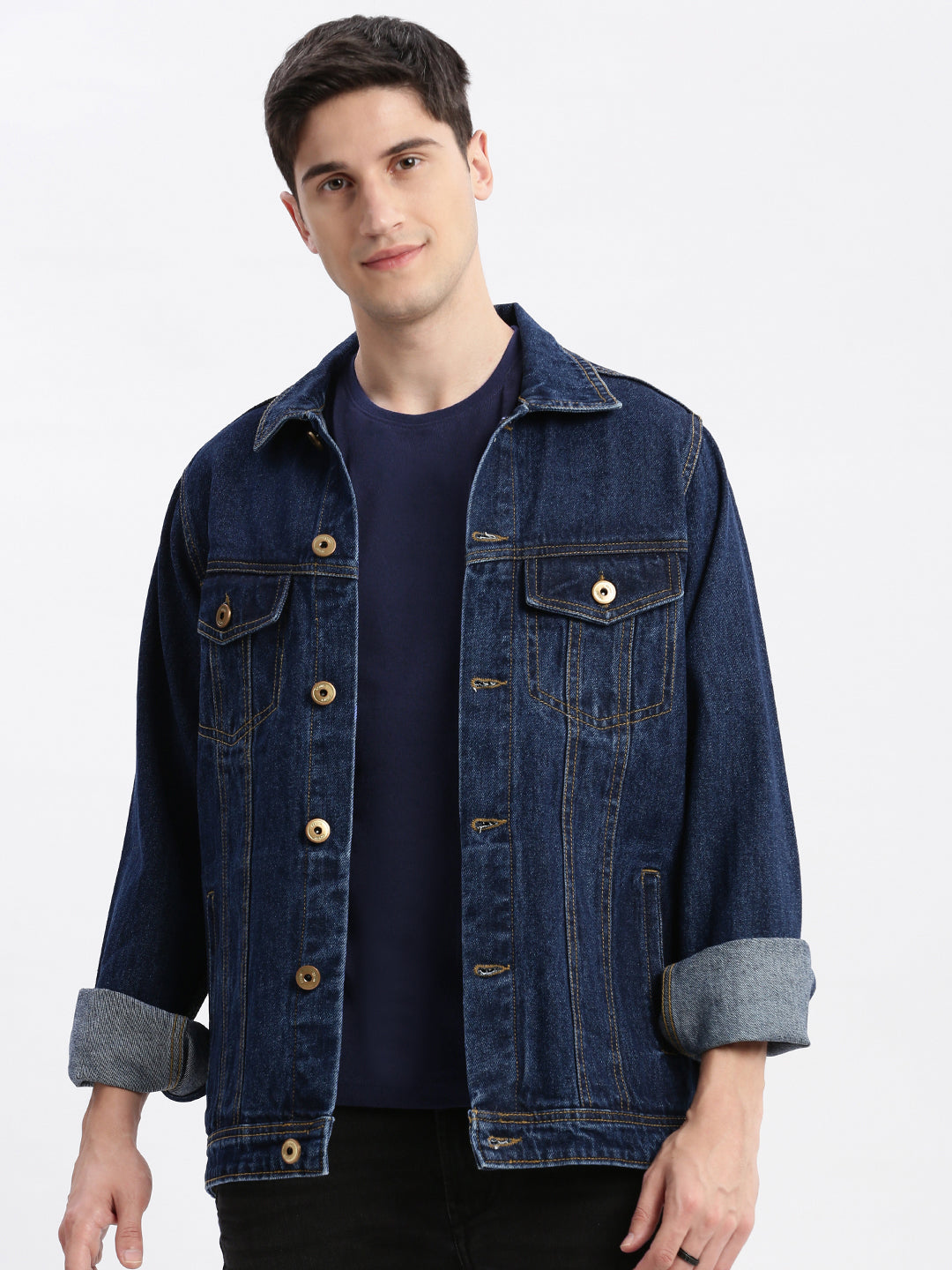 Men Solid Spread Collar Navy Blue Denim Jacket