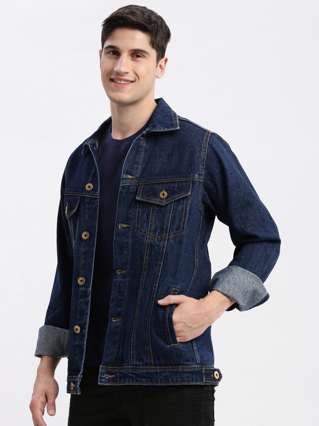 Men Solid Spread Collar Navy Blue Denim Jacket