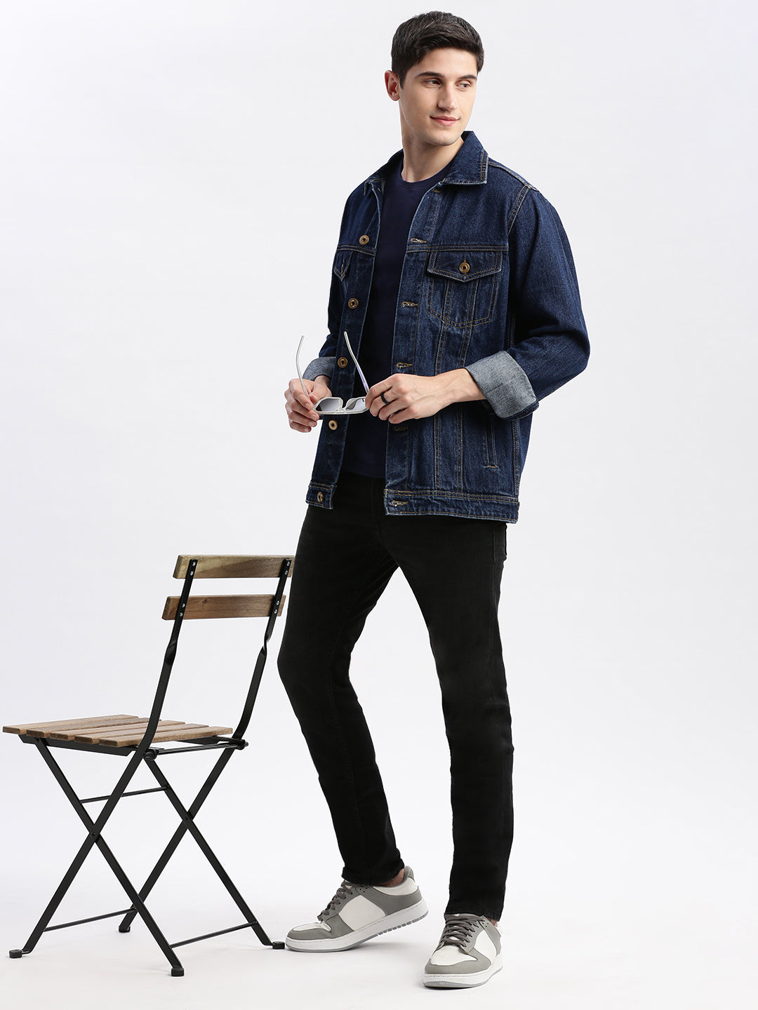 Men Solid Spread Collar Navy Blue Denim Jacket