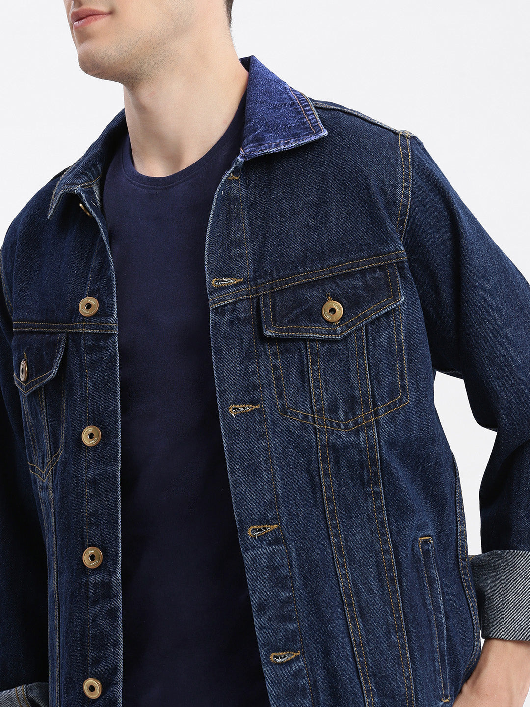 Men Solid Spread Collar Navy Blue Denim Jacket