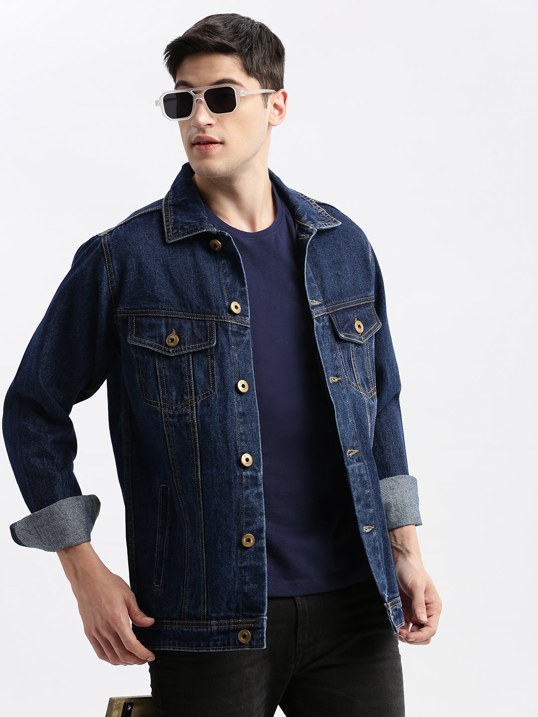 Men Solid Spread Collar Navy Blue Denim Jacket