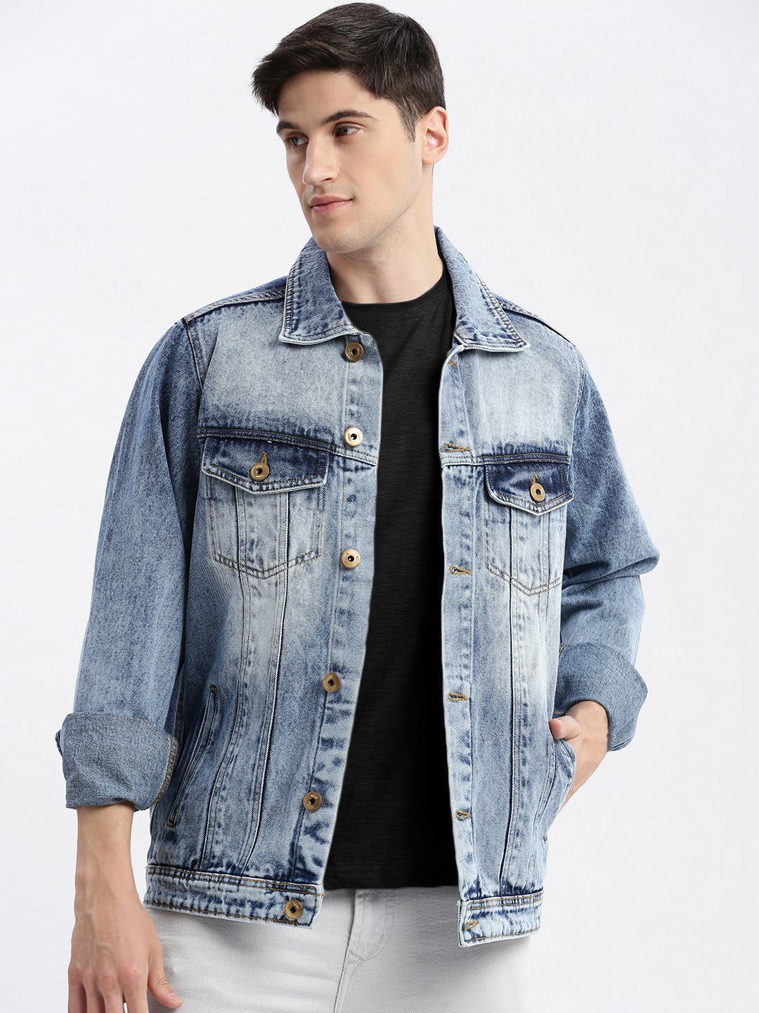 Men Solid Spread Collar Blue Denim Jacket