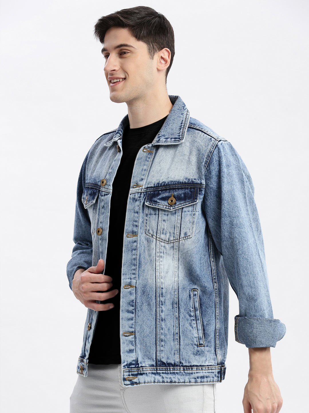 Men Solid Spread Collar Blue Denim Jacket