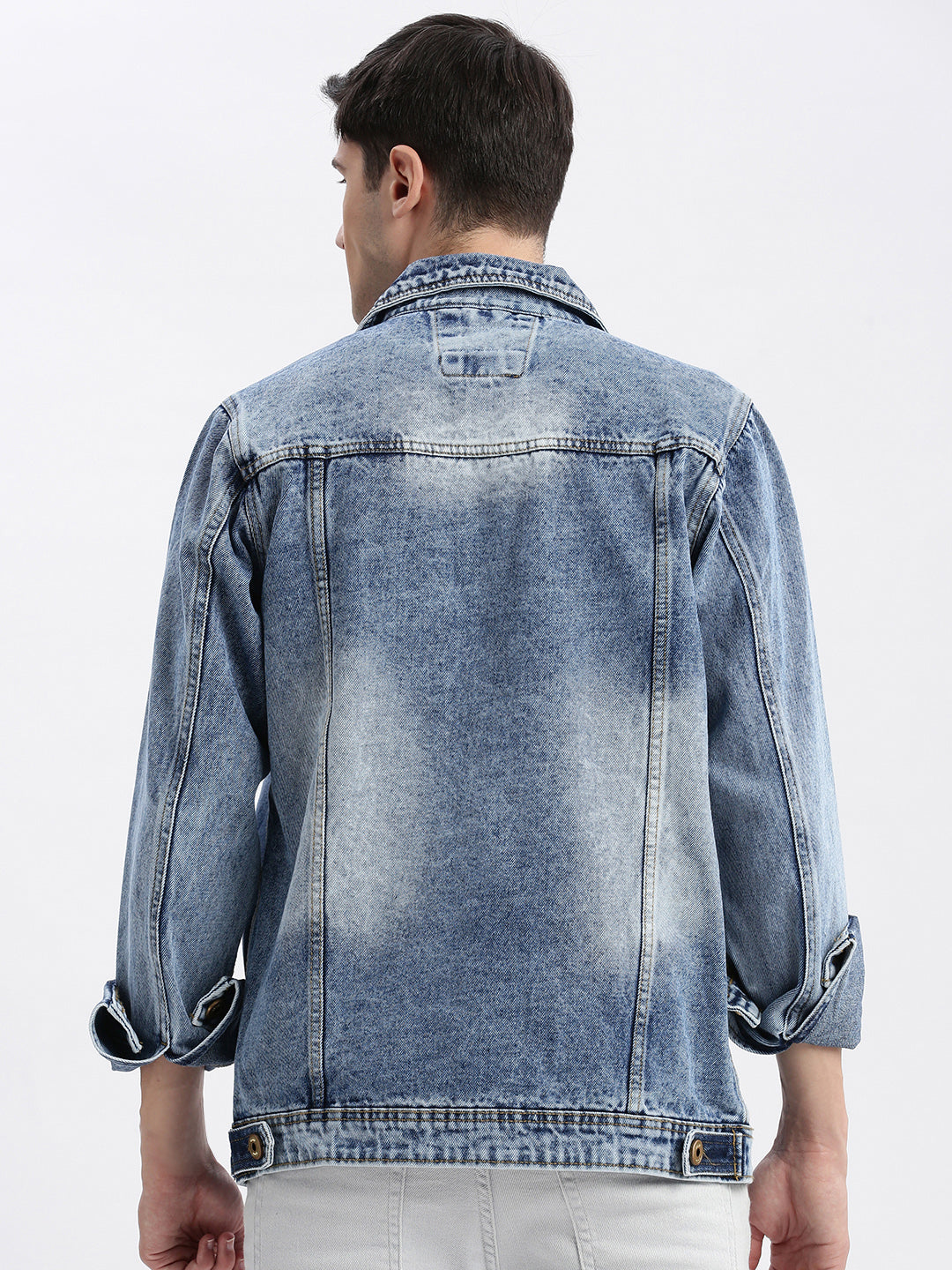 Men Solid Spread Collar Blue Denim Jacket