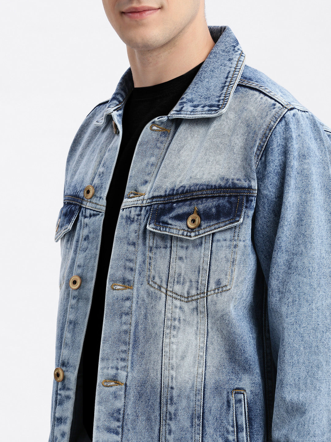 Men Solid Spread Collar Blue Denim Jacket