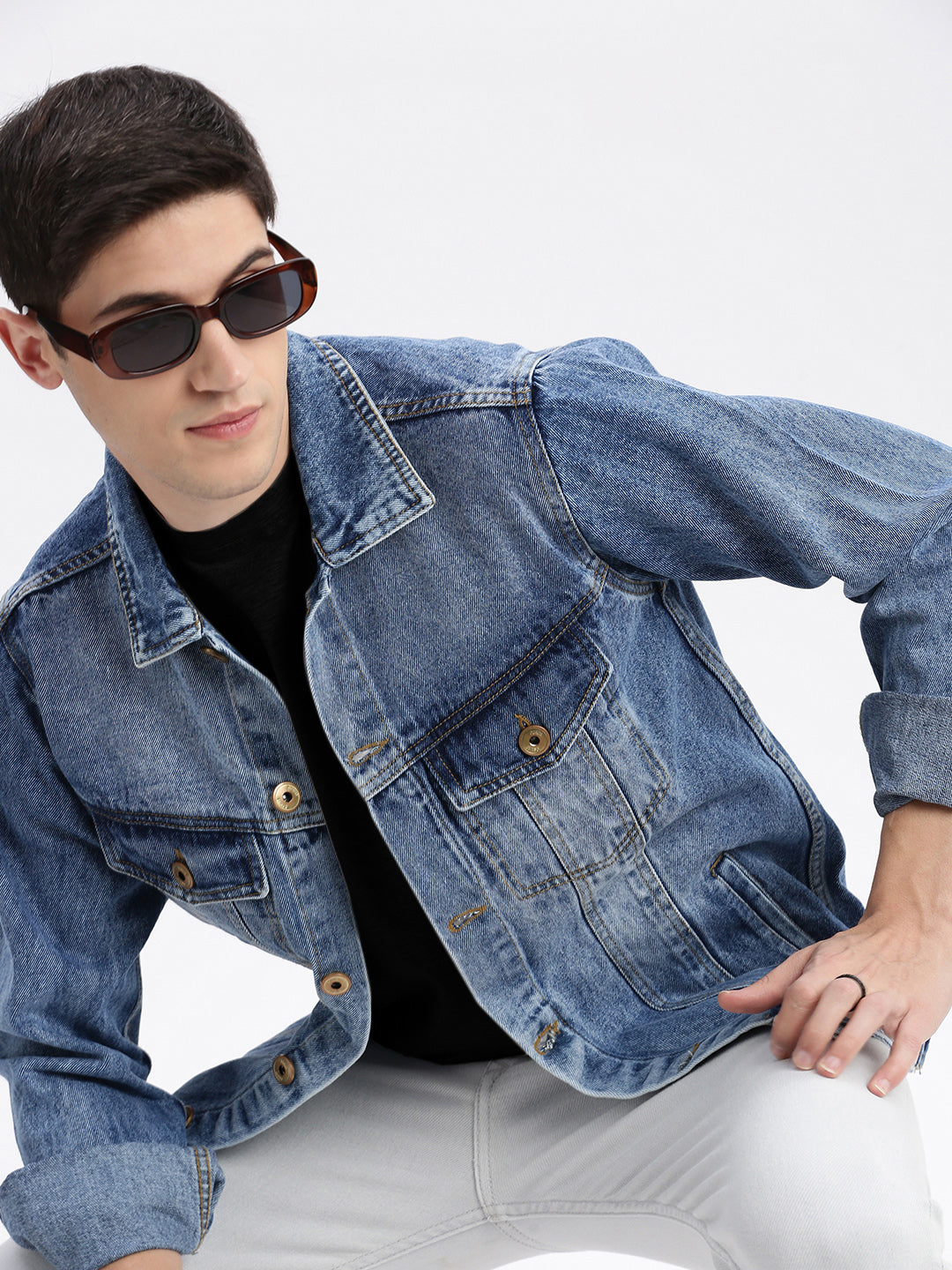 Men Solid Spread Collar Blue Denim Jacket