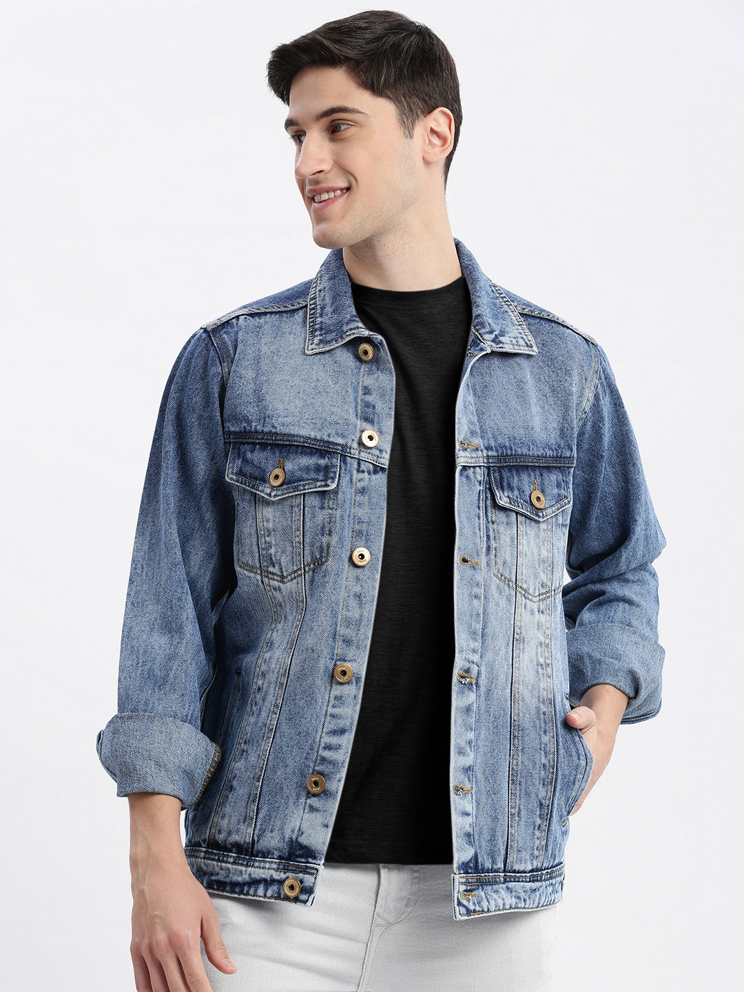 Men Solid Spread Collar Blue Denim Jacket